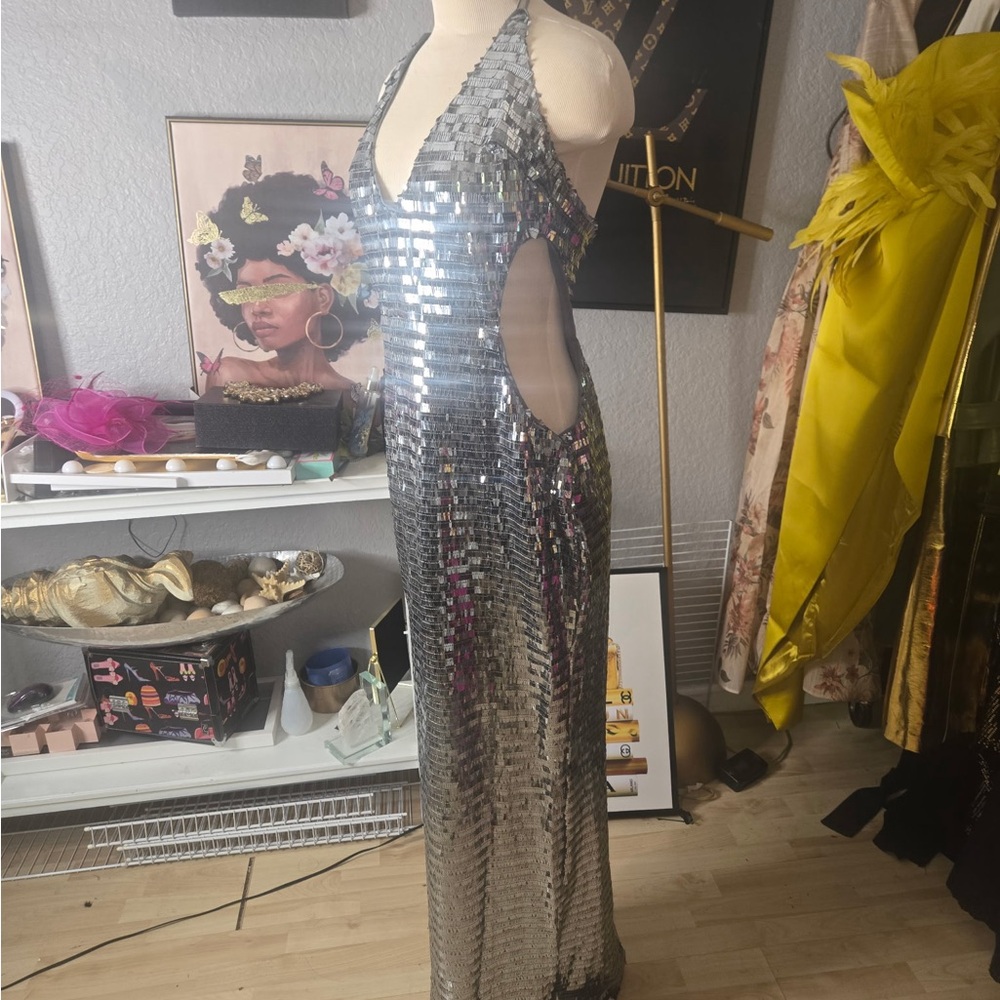 Silver Sequin Halter Dress